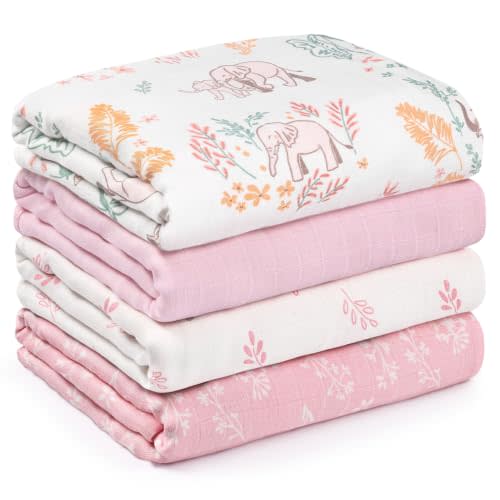 GLLQUEN BABY Muslin Swaddle Blankets 4Pk Receiving Blanket Large 35" x 40" | Soft Cotton Baby Blankets for Girls Boys Breathable Nursery Swaddles for Newborns, Baby Essentials Shower Gift, Pink Elephant