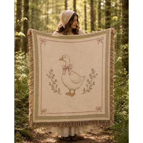 Vintage Goose Woven Blanket, Cottagecore Nursery Decor, Farmhouse Baby Blanket, Coquette Goose Throw, Rustic Nursery Gift B1F155