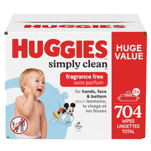 Huggies Simply Clean Unscented Baby Diaper Wipes, 11 Flip-Top Packs (704 Wipes Total), Packaging May Vary