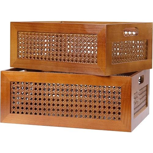 Rattan Wooden Box Set of 2 Handmade Decorative Storage Basket with Handles