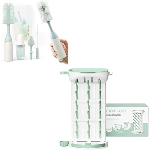 Momcozy Bottle Brush Kit, Innovative Push-Press Design for Better Cleaning & Momcozy DIY Larger Bottle Drying Rack for 18 Bottles