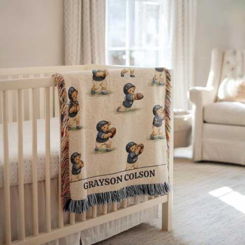 Personalized Vintage Sports Bear Woven Blanket Football Baby Gift Custom Name Boy Nursery Decor Heirloom Teddy Bear Throw