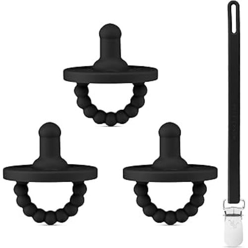 Ryan & Rose Cutie PAT Pacifier Teether 3 Pack and Flex Clip (Stage 1, Black)
