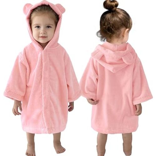 VOOVA & MOVAS Pink Bear Ear Hooded Cotton Robe,0-24M Baby Bath Poncho
