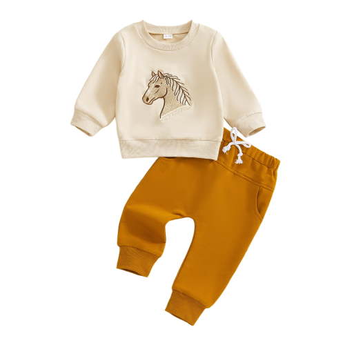 BemeyourBBs Toddler Baby Boys Cowboy Outfit Long Sleeve Horse Head Embroidery Pullover with Pants 2Pcs Newborn Spring Fall Winter Outfits