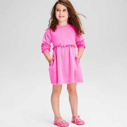 Toddler Girls' Solid French Terry Long Sleeve Dress - Cat & Jack™ Bright Pink 18M