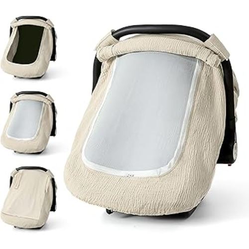 Muslin Cotton Car Seat Cover Baby, Universal Fit Carseat Cover for Baby, Infant Car Seat Cover with Mesh Peep Window, Baby Car Seat Cover for Carrier, Stroller, High Chair, Shopping Cart (Wheat)