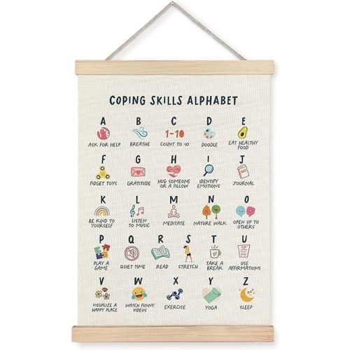 Supwhd Coping Skills Alphabet Poster for Kids, Mental Health Wall Decor for Classroom Nursery Kids Room Playroom School Counselor Office, Mental Health Poster Hanger Frame, 12x16