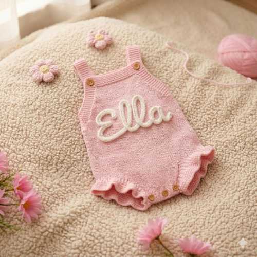Custom Knit Baby Romper – Hand-Embroidered Name, Soft Cotton Summer Outfit