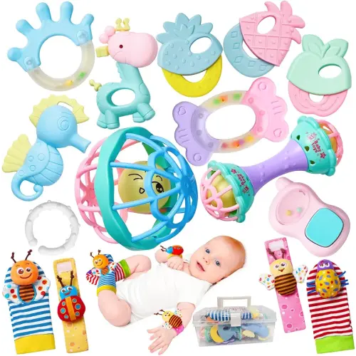 15PCS Rattles for Babies 0-6 Months - BPA-Free Baby Rattles 0-3, 6-12 Months for Newborn Soft Teething Toys Infant Toys with Wrist & Ankle Rattles, Baby Gift Set with Box for Hand-Eye Coordination