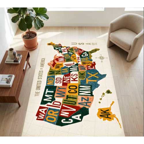 USA Map Rug, Vintage America States Carpet, Washable Non-Slip Geography Decor