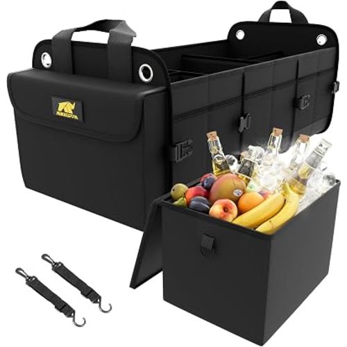 MIKKUPPA Car Trunk Organizer with Cooler - 100L Large Car Organizer, 1680D Oxford Collapsible Suv Trunk Storage with 2 Adjustable Straps for Auto, Truck, Suv (Black)
