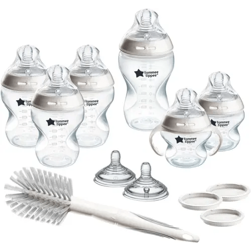 Tommee Tippee Natural Start 12 Piece BPA Free Bottle Set, Includes 2 x 5 oz, 3 x 9 oz, 1 x 11 oz Bottles, Newborn 0+ Months, Slow, Medium & Thicker Flow Breast-Like Nipples, Cleaning Brush, Clear