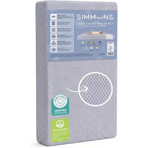 Simmons Kids Quiet Nights Breathable Baby Bed Crib Mattress and Toddler Mattress with Removable/Machine Washable Cover - GREENGUARD Gold – Waterproof - Sustainably Sourced Core Fiber Core, Blue