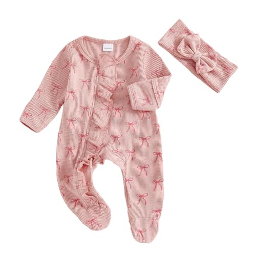Newborn Baby Girl Clothes Preemie Coming Home Outfit Ruffle Romper Cute Ribbed Jumpsuit Headband