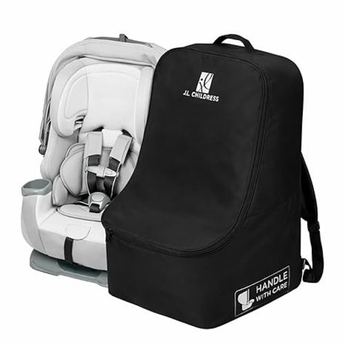 J.L. Childress Padded Backpack Car Seat Bag - Car Seat Travel Bag for Airplane, Fits Most Baby & Infant Carriers & Bootsters, Accessories for Gate or Baggage Check, AirTag Compatible - Deluxe, Black