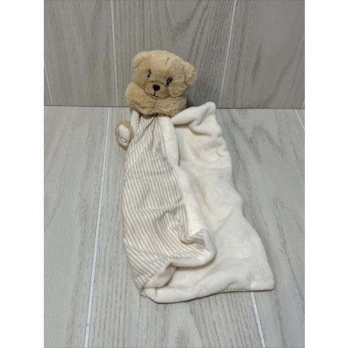 Bobo Buddies brown tan plush teddy bear holds cream striped security blanket