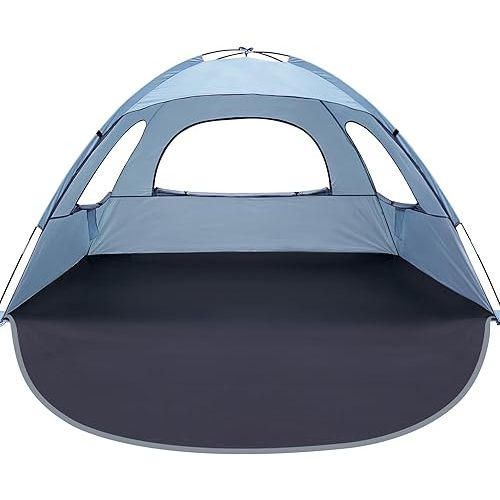 WhiteFang Beach Tent Anti-UV Portable Sun Shade Shelter for 3/4/6/8 Person, Extendable Floor with 3 Ventilating Mesh Windows Plus Carrying Bag, Stakes and Guy Lines