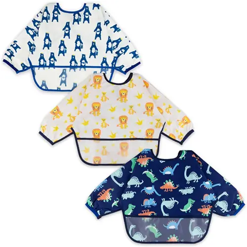 Baby Noah 3 Pack Long Sleeve Bib, Toddler Mess Free & Waterproof Shirt Bibs, Reusable Bib with Pocket, Adjustable Fits Ages 6-12 Months