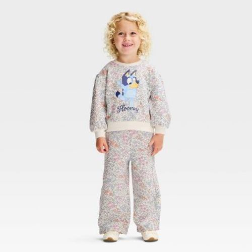 Toddler Girls' 2pc Bluey Floral Fleece Sweatshirt and Pants Set - Ivory 4T