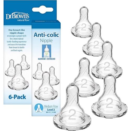 Dr. Brown’s Natural Flow Level 2 Narrow Baby Bottle Silicone Nipple, Medium Flow, 3m+, 100% Silicone Bottle Nipple, 6 Count