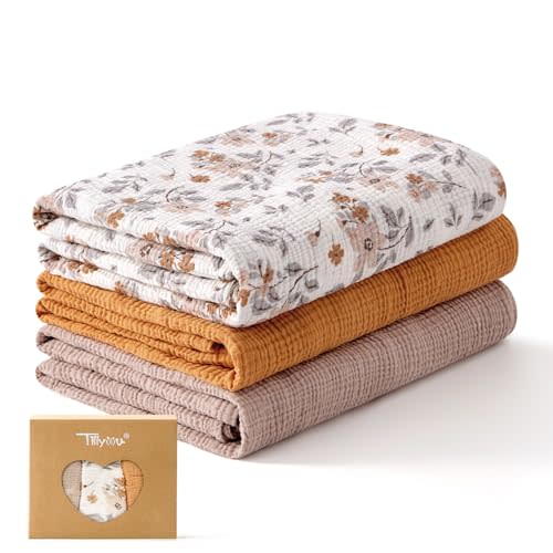 TILLYOU 3 Pack Muslin Swaddles for Newborns Baby Blankets for Girls Boys Cotton Swaddle Blankets 47"X47", Yellow Flower