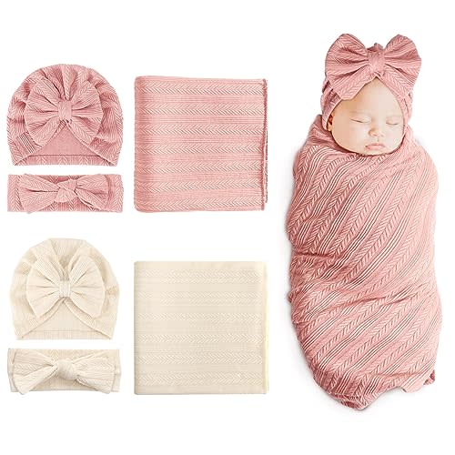 DRESHOW BQUBO Newborn Receiving Blanket Headband Hat Set for Baby, Unisex Baby Boys Girls Essentials, Newborn Registry Must Haves, Stroller Crib Shower Gifts