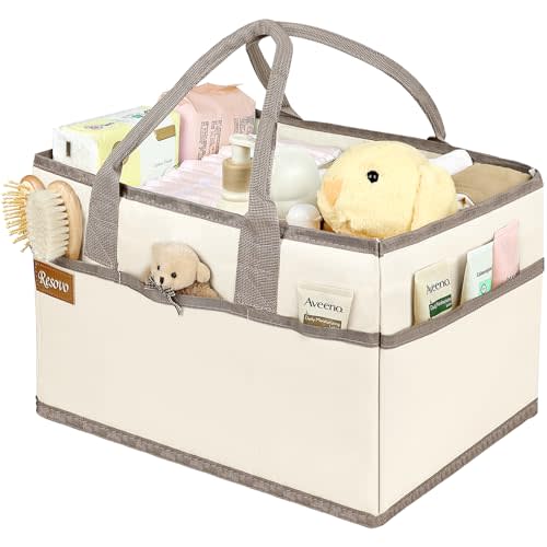 Resovo Baby Diaper Caddy Organizer with Handle, Baby Shower Gifts Basket, Nursery Storage Organizer for Newborn, Newborn Essentials Registry Must Have, Portable Car Caddy Organizer for Diapers