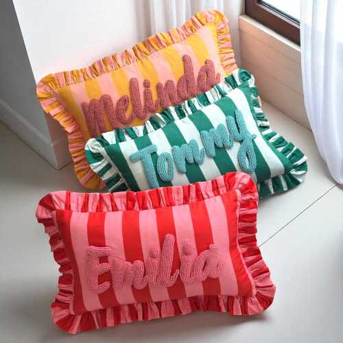 Personalised Ruffled Cushion -Handmade Punch Needle Decor | Boho Nursery Kids Children Room Styling | Custom Gift Baby Shower  Ruffle Pillow