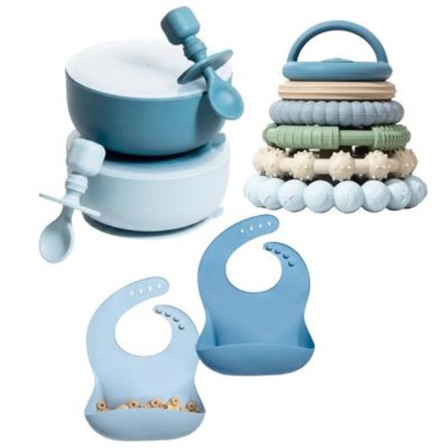 Silicone Baby Feeding Set, Suction Bowls with Lids and Spoons, Waterproof Baby Bibs, Stacking Teether Toys, BPA Free Baby Shower Kit for 0-6 Months