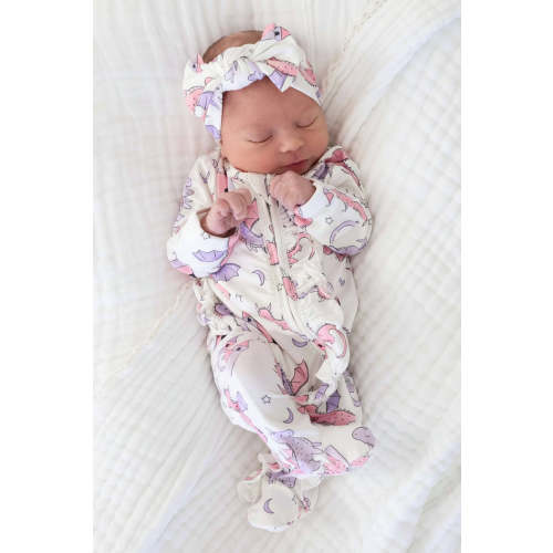 Dragon Adventure Ruffle Zipper Footie in Pink | Caden Lane