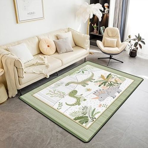 Feelyou Kids Cute Dinosaur Rugs for Living Room Bedroom Area Rug 3x5 Cartoon Dinosaur Indoor Floor Mat for Boys Girls Teens Green Grey Accent Rug Coconut Plant Decorative Rug