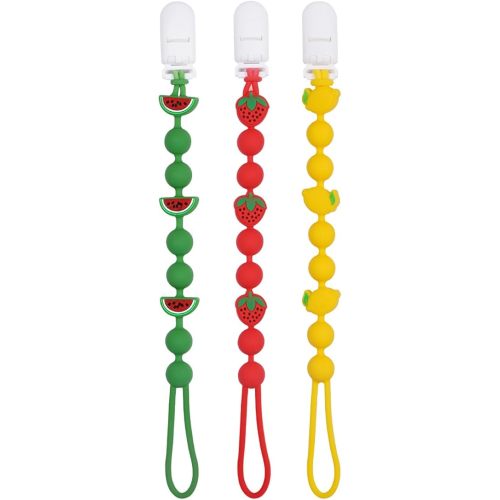 Cute Fruits Silicone Pacifier Clip Holder,Pack of 3,Flexible One Piece Design Paci Leash,Binky Clips for Baby Boys and Girls,Newborn Essential. (Lemon,Watermelon,Strawberry)