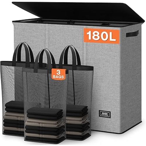 SOLEDI 180L Laundry Hamper 3 Section, Extra Large Laundry Hamper with Lid, Dirty Clothes Hamper with Sturdy Handle, Large Laundry Basket Organizer for Laundry Room, Bedroom, Hampers for Laundry