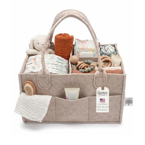 Parker Baby Felt Diaper Caddy & Diaper Organizer Basket - Regular, Oatmeal | Bedside diaper caddy and car diaper caddy organizer with dividers; portable baby organizer basket for changing essentials.