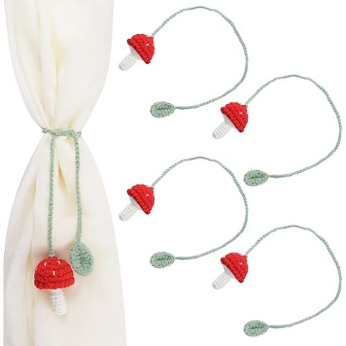 Mushroom Curtain Tieback 4Pcs Window Drape Rope Holdbacks with Mushroom and Leaf Decor Cute Handmade Crochet Curtain Ties for Home Office