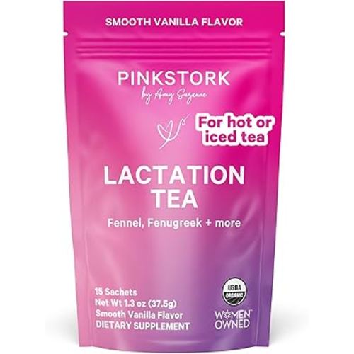 Pink Stork Organic Lactation Tea – Fenugreek, Fennel, Milk Thistle + More – Support for Breastfeeding, Pumping, Hydration, Milk Flow – Smooth Vanilla – 15 Sachets, Caffeine-Free