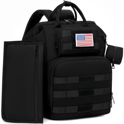 Diaper Bag Backpack for Dad and Men, Large Travel Baby Bag with Changing Pad, Pacifier Case, Removable Flag Patch - Baby Shower Gifts - Shadow Black