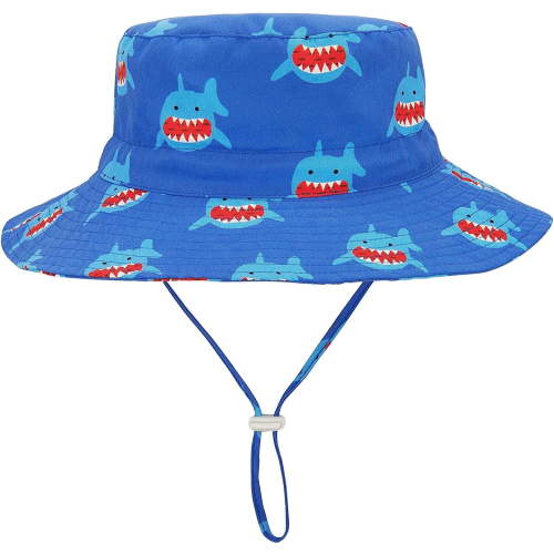 Zando Baby Sun Hat UPF 50+ UV Protection Summer Toddler Bucket Hat with Wide Brim Graphic Print for Boys Girls Shark Blue 6-12 Months