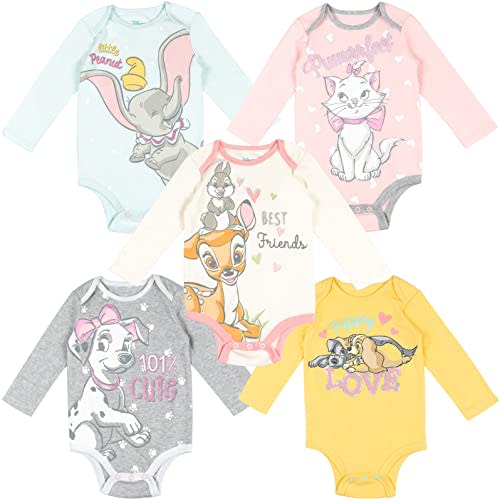 Disney Classics Princess Lion King 101 Dalmations Pumbaa Princess Ariel Timon Baby Girls 5 Pack Bodysuits Newborn to Infant