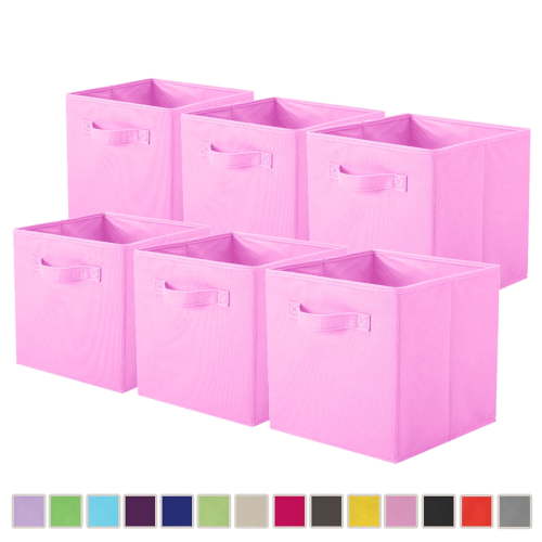 PinkSheep Collapsible Fabric Cube Storage Bins, Storage Cubes Basket Organizer Bins for Closet (10.5" x 10.5"), Pink, 6 Pack