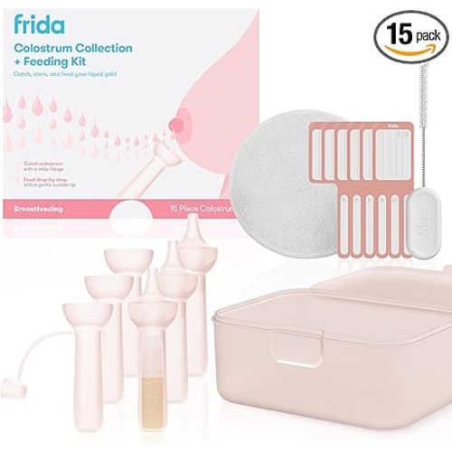 Frida Mom Colostrum Collection Kit, Catch, Store & Feed Breastmilk, Includes 6 Colostrum Collectors, 6 Labels, Cleaning Brush, Cloth & Case, Hospital Bag Ready, Safe Materials, 15pc kit