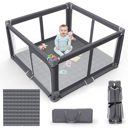 Foldable Baby Playpen with Mat, 50"x50" Safety Play Yard for Babies & Toddlers - Indoor & Outdoor Use with Carry Bag - Collapsible, Portable Play Yard, Dark Gray