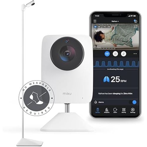 Miku Pro Smart Baby Monitor with Camera, Track Live Breathing with No Wearable, Real-Time Alerts, Sleep Analytics, 1080p Wi-Fi Video, Night Vision, and 2-Way Audio, Wall Mount & Floor Stand Included