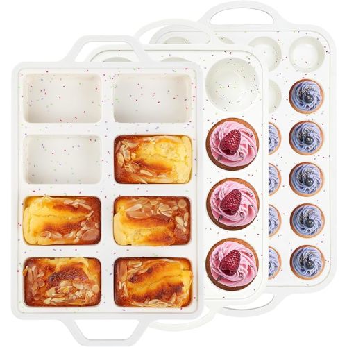 Regular 12 Cup and Mini 24 Cup Nonstick Cupcake Pan Set Silicone Muffin Pan for Baking Silicone Cupcake Mold with Metal Reinforced Frame BPA Free (2 Pcs, Cream)