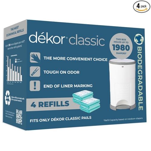 Diaper Dekor Classic Diaper Pail Biodegradable Refills | 4 Count | Most Economical Refill System | Quick & Easy to Replace | No Preset Bag Size Use Only What You Need | Exclusive End-of-Liner Marking