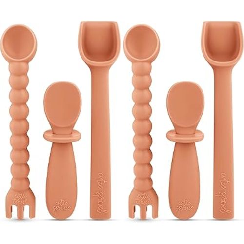 Ryan & Rose Ultimate Baby Utensil Set of 3 Silicone Baby Spoons Silicone feeding set for baby led weaning, self feeding 6 months, toddler utensils (Terracotta) (Pack of 2)