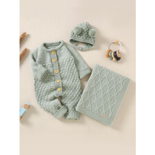 Baby Raglan Sleeve Knit Jumpsuit & Accessory Hat & Blanket