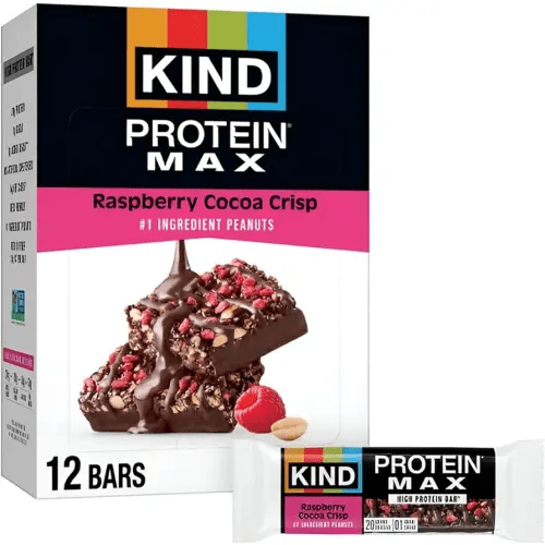 KIND Protein MAX, Raspberry Cocoa Crisp, 20g Protein, 1g Sugar, Low Sugar, High Protein Snack Bars, 12 Count