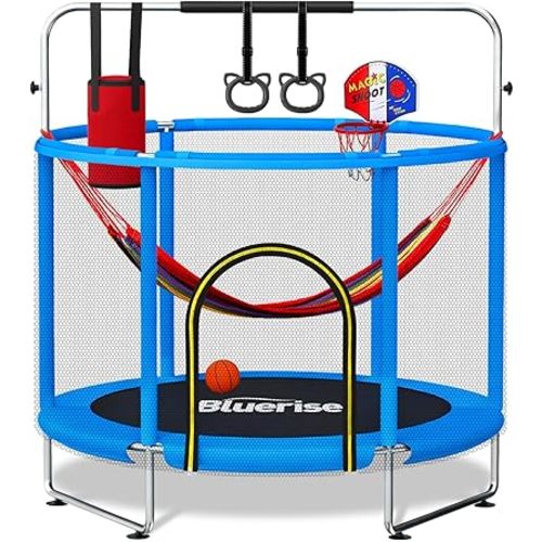 BLUERISE 55IN 6FT Toddler Trampoline for Kids Indoor Outdoor Play for Kids Trampoline Basketball Hoop Attachment with Enclosure Net Easy to Assemble